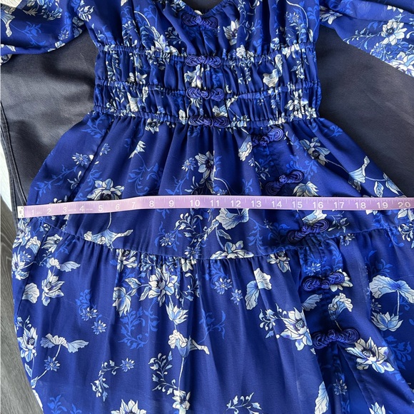 Sau Lee Gianna Dress Blue White Floral Sheer Ruched Waist Maxi Midi Size 6 - Picture 7 of 10